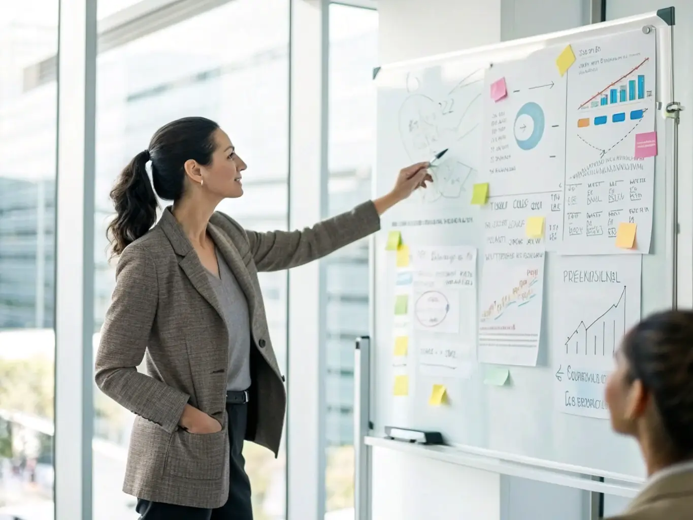 A woman confidently presenting a strategic plan, demonstrating her enhanced strategic thinking and problem-solving skills.