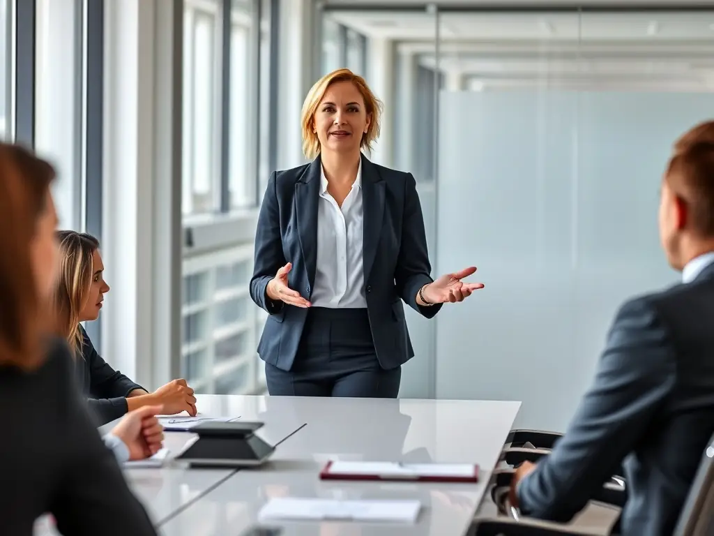 A professional woman confidently leading a team meeting, showcasing her strong leadership skills and decision-making abilities.