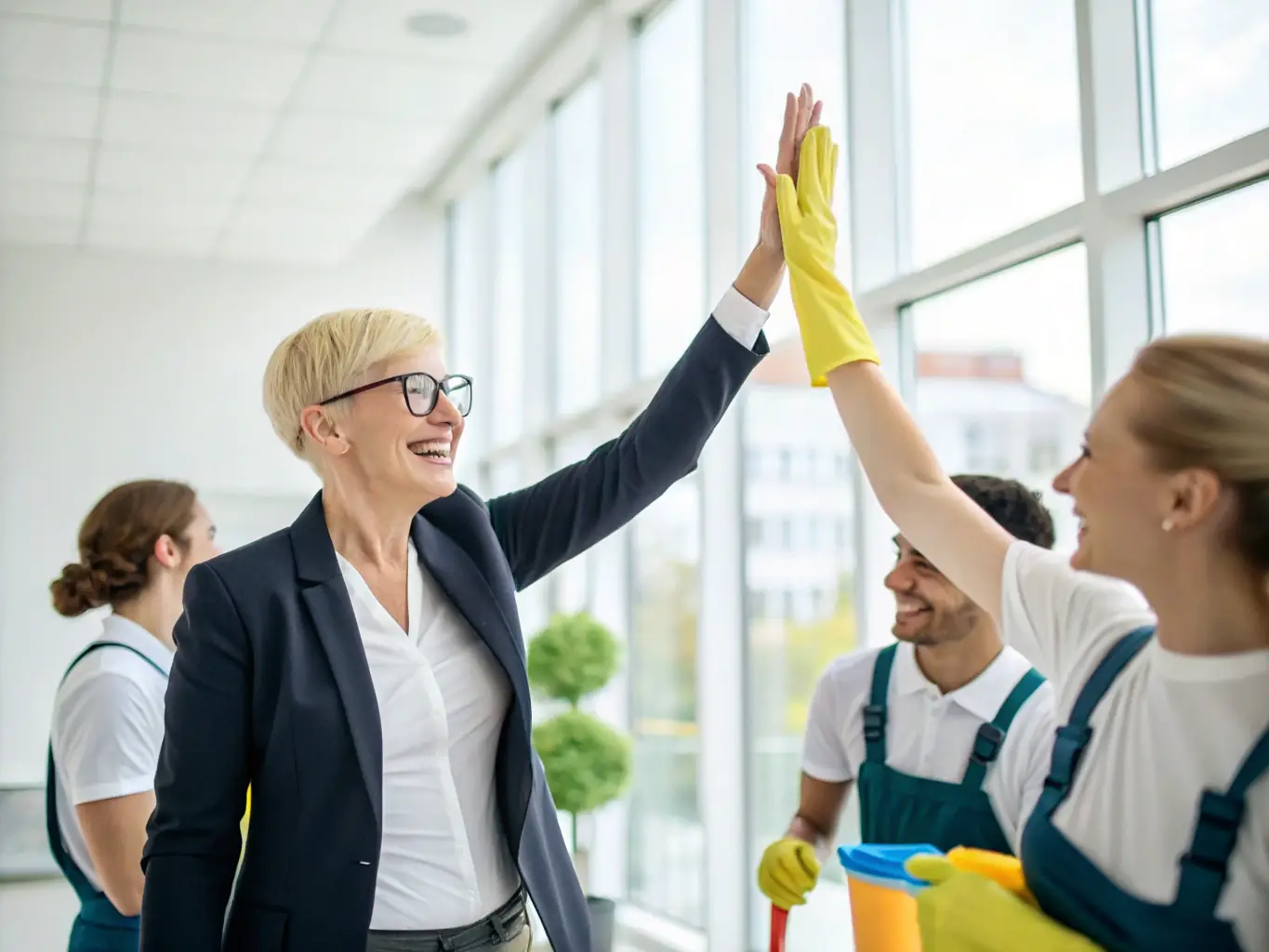 A woman celebrating a professional achievement with her team, highlighting the positive impact of her leadership and the support she received.